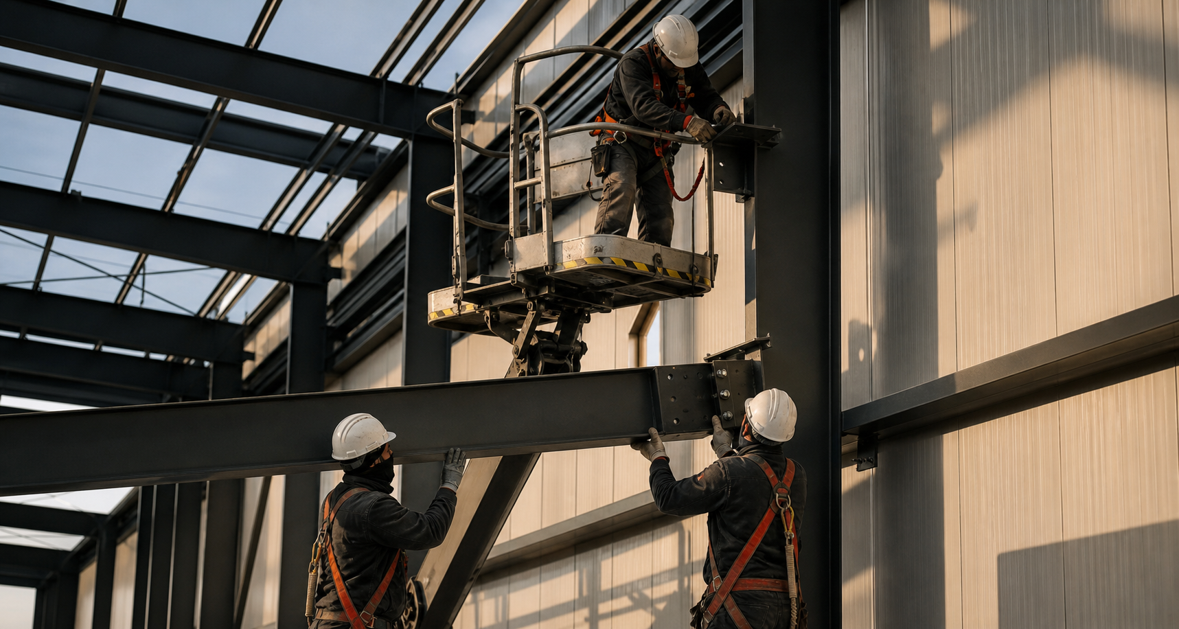 Trabajadores realizando un montaje de estructura metálica
